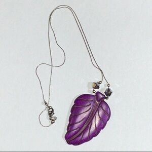 Carved Purple Leaf Pendant Necklace with Silver Toned Metal Chain